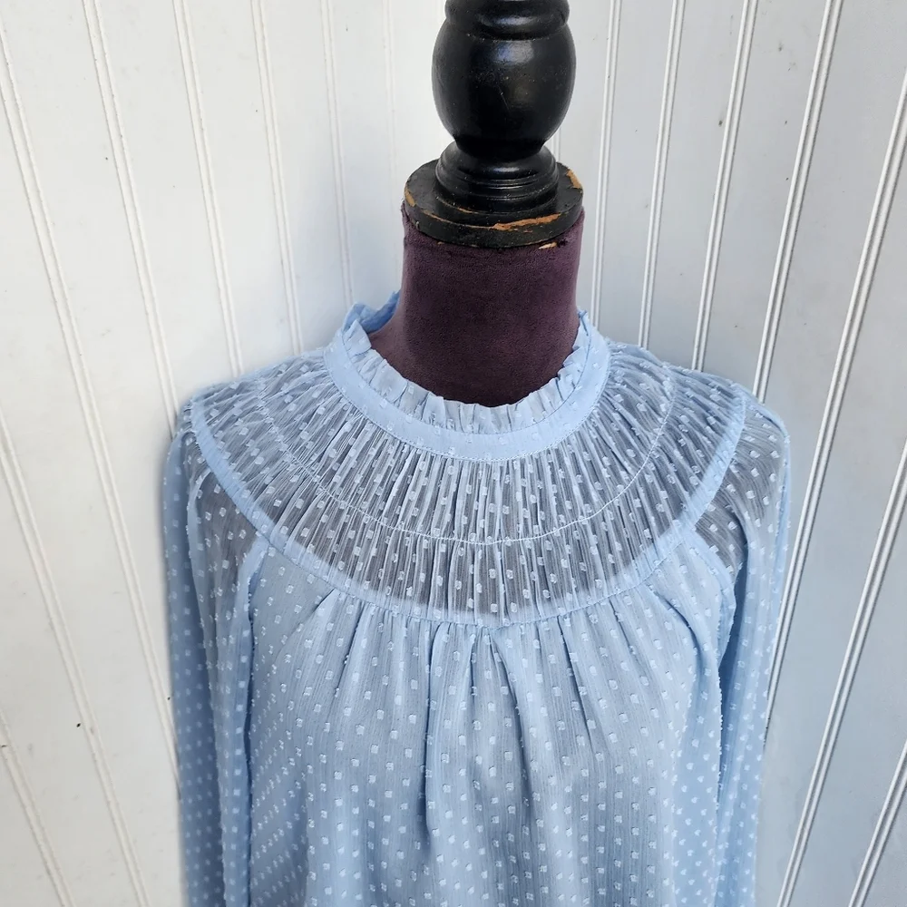 Loft Swiss Dot Ruffle Neck Balloon Sleeve Blouse Light Blue Sheer Boho Keyhole M - Picture 3 of 12